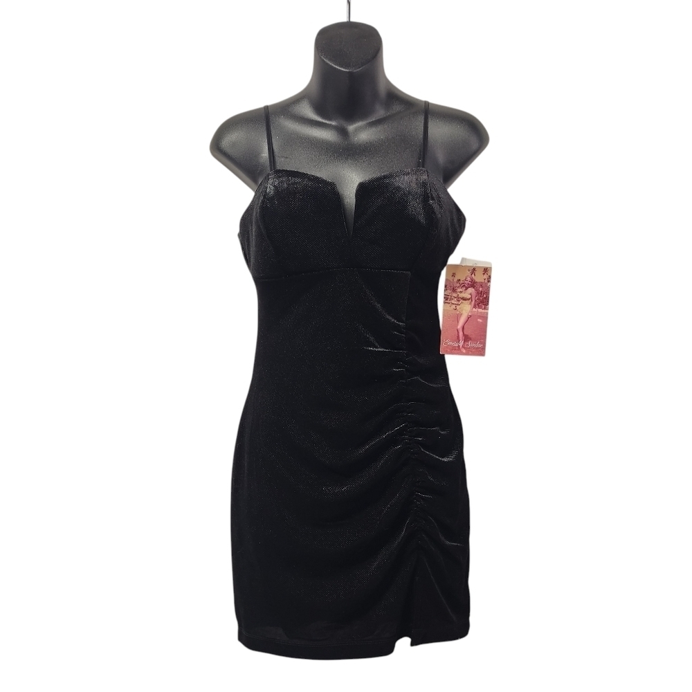 Emerald Sundae Black Shimmer Metallic Ruched Mini Dress Size M Spaghetti Straps